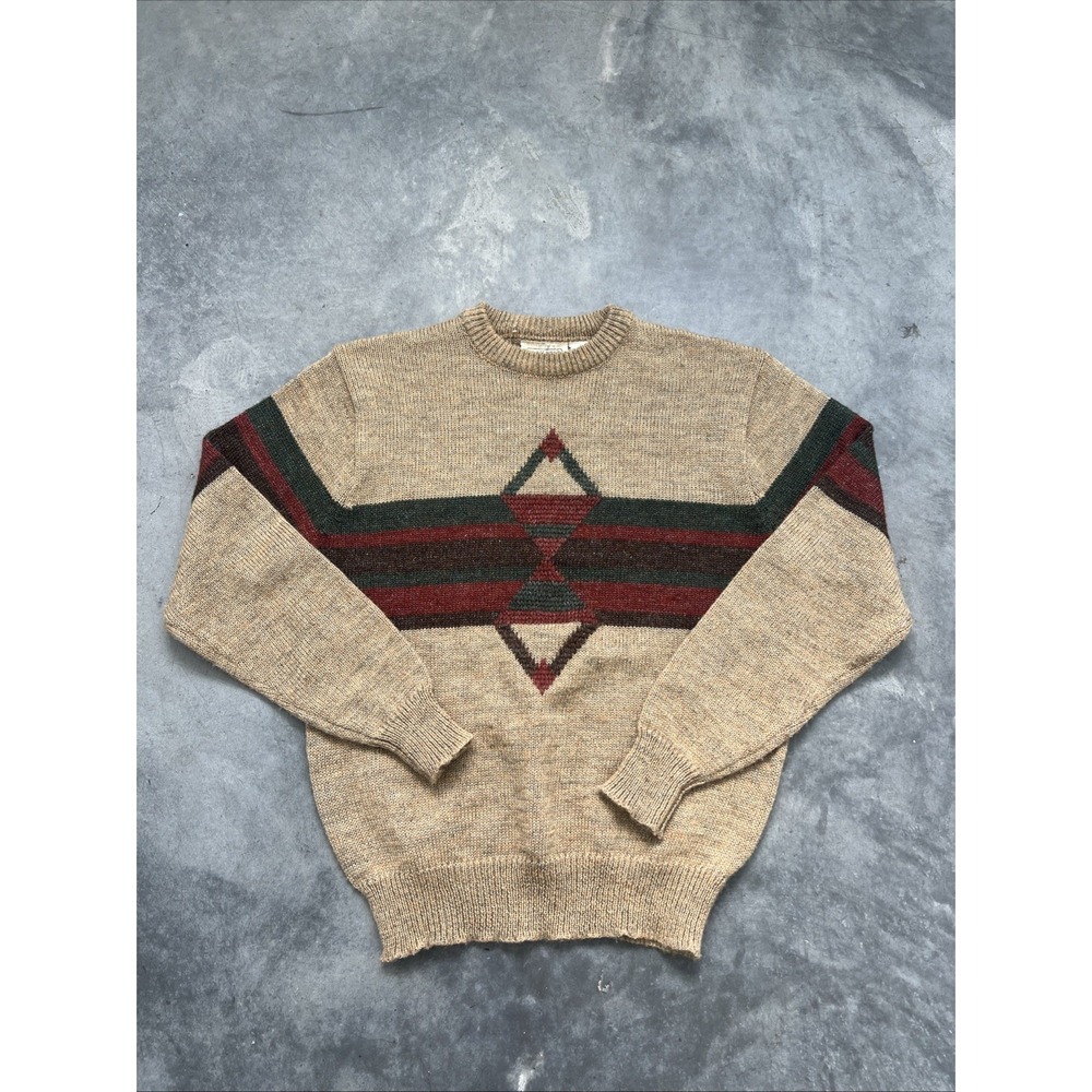 Gary Reed Vintage Mens Large Tan Southwestern Geometric Knit Crew Neck Sweater